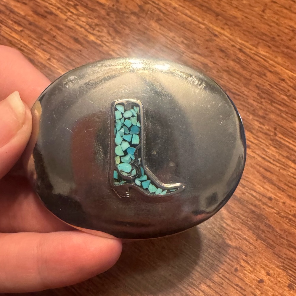 Turquoise Inlay Boot Belt Buckle - Silver Tone